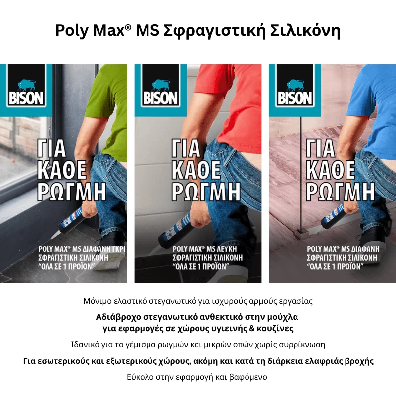 Γκρι σφραγιστική σιλικόνη Poly Max MS 280ml Bison σε διαφορες αποχρώσεις