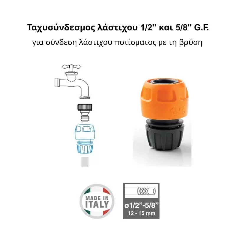 Τρόπος σύνδεσης λάστιχου ποτίσματος με βρύση σε βήματα: βρύση-ρακόρ-ταχυσύνδεσμος-λάστιχο ποτίσματος